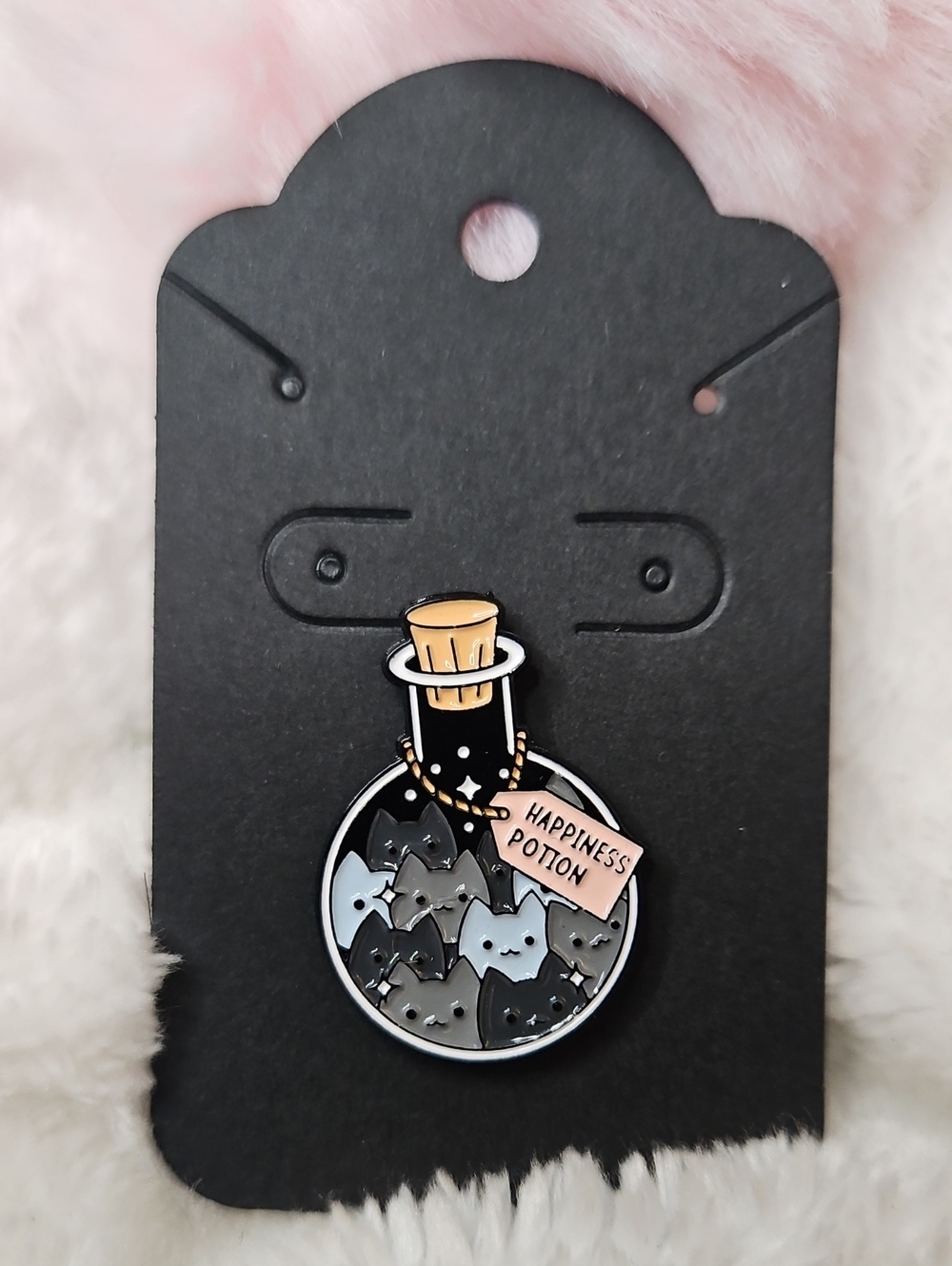 Happiness Potion Cat Enamel Pin - Black, Gray, Cream
